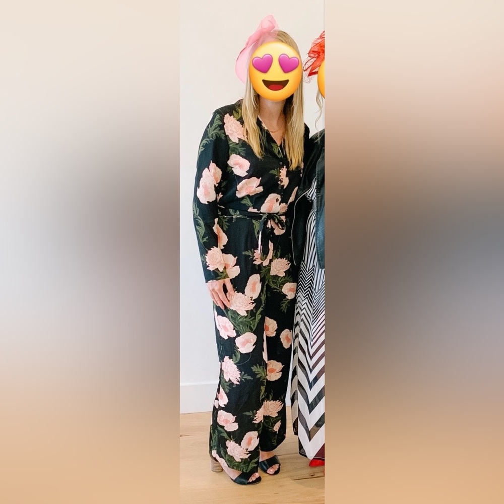 Vero Moda Black and Pink Elegant Floral Jumpsuit with Wrap/Tie Waist